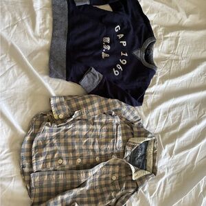 Baby GAP 1969 Blue Tan Checkered Flannel Plaid Button Down Navy Crew Sweatshirt